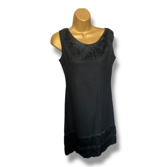 1960s Black Fringe Flapper Dress Wool Feel 1920s Style Goth Glam - Picture 2 of 8